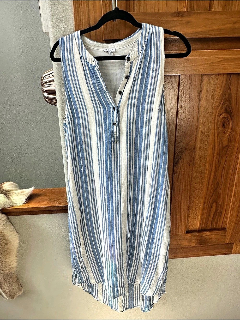 Splendid Blue & White Striped Sleeveless Henley Dress Large Cotton